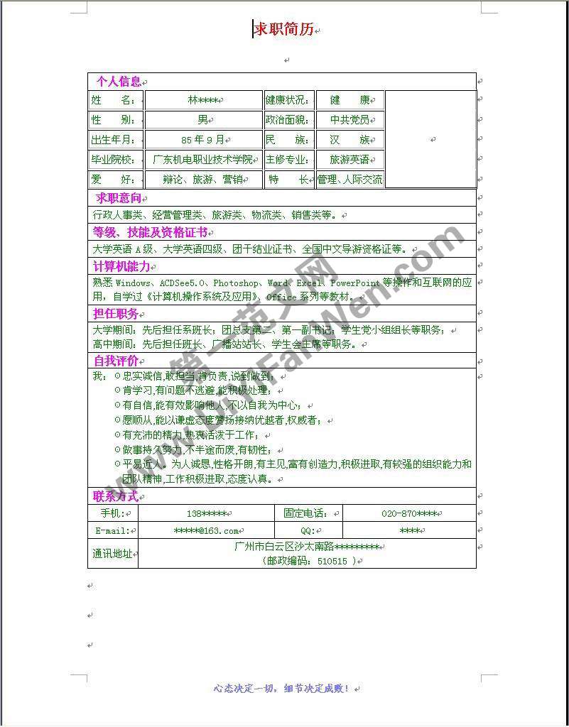 旅遊職業專業個人簡歷模板word