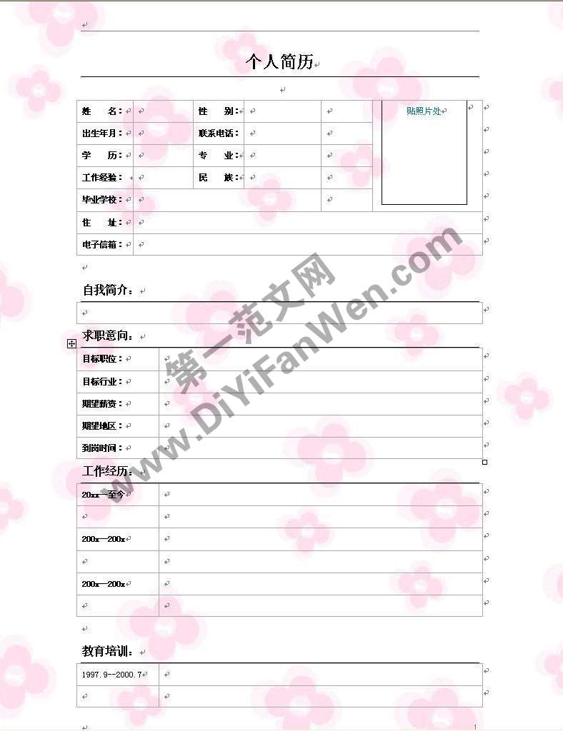 小花背景word個人簡歷模板