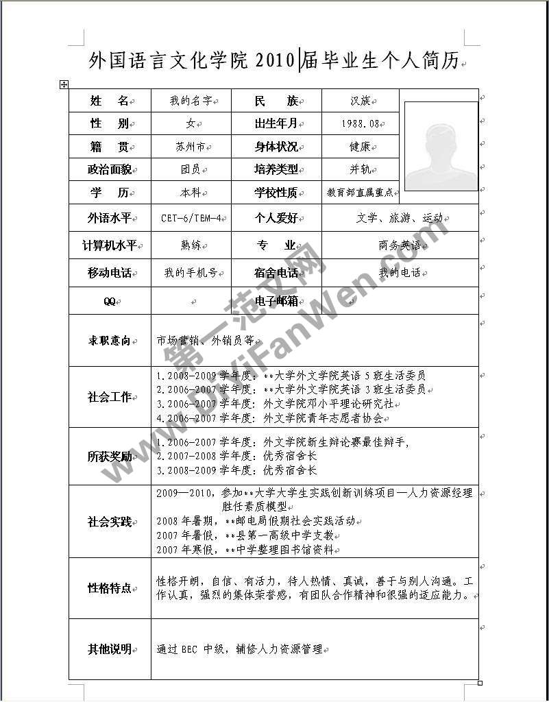 外語學院個人簡歷模板word