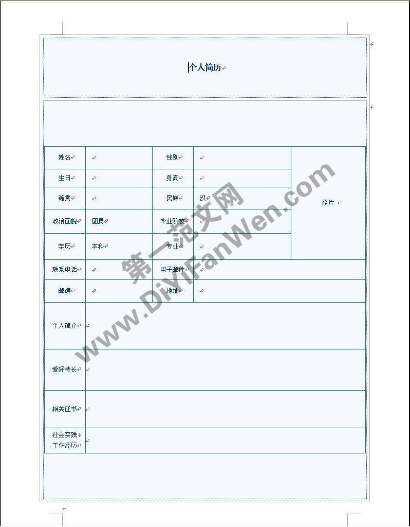 空白個人簡歷模板word