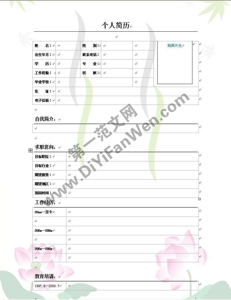 荷花背景清新個人簡歷模板