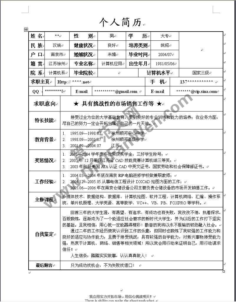 軟體人才個人求職簡歷模板word