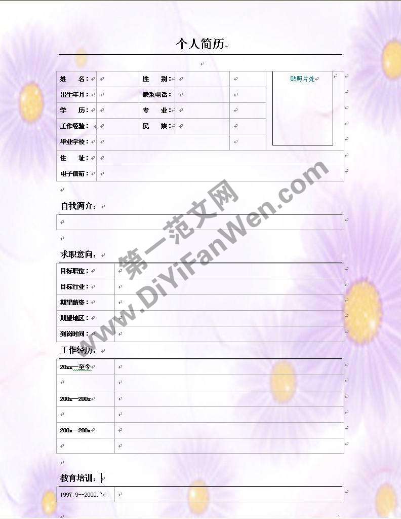 向日葵背景個人簡歷表格