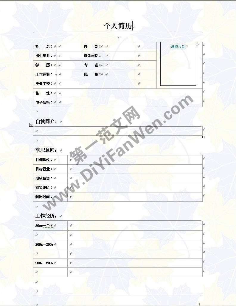 淡藍花紋背景個人簡歷word模板